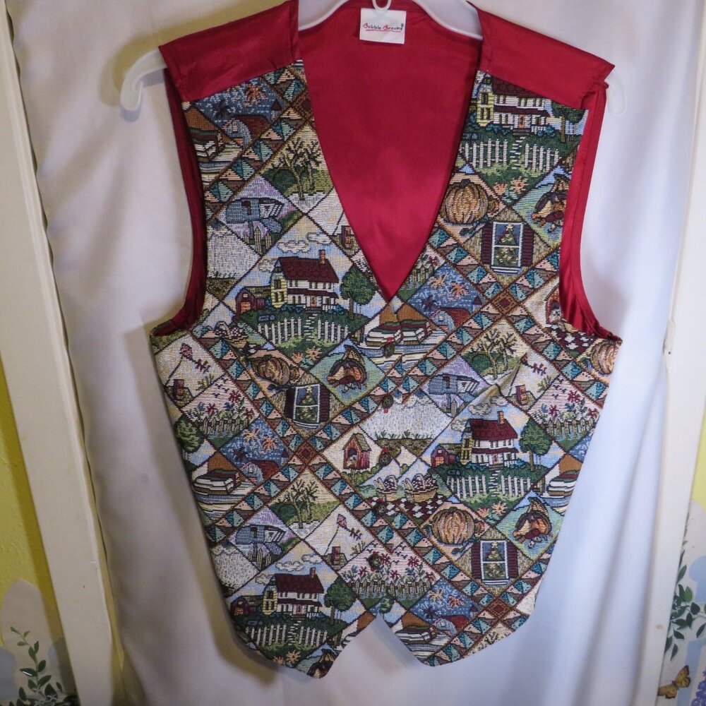Vintage Bobbie Brooks Tapestry Vest Harvest & Fall Diamond Patchwork UNISEX